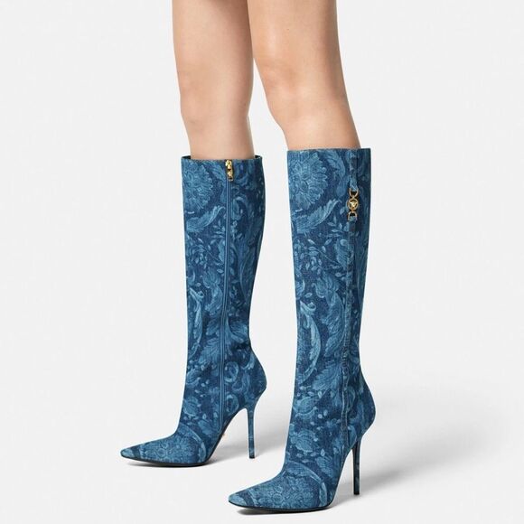 Versace T.110 110MM Floral Denim Pointed Boots size 38 - Picture 5 of 16